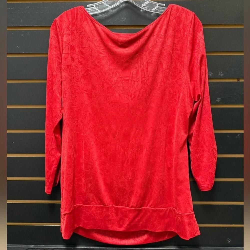 AGB Red Drape Neck Embellished Top Ruched Sleeve Size L